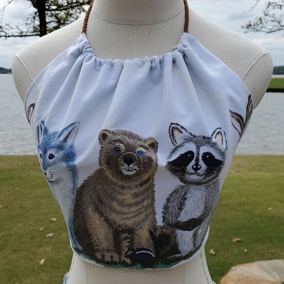 Hey Sue! Upcycled Raccoon Bear Fox  Halter Top Reversible Festival Top S/M - Picture 9 of 11